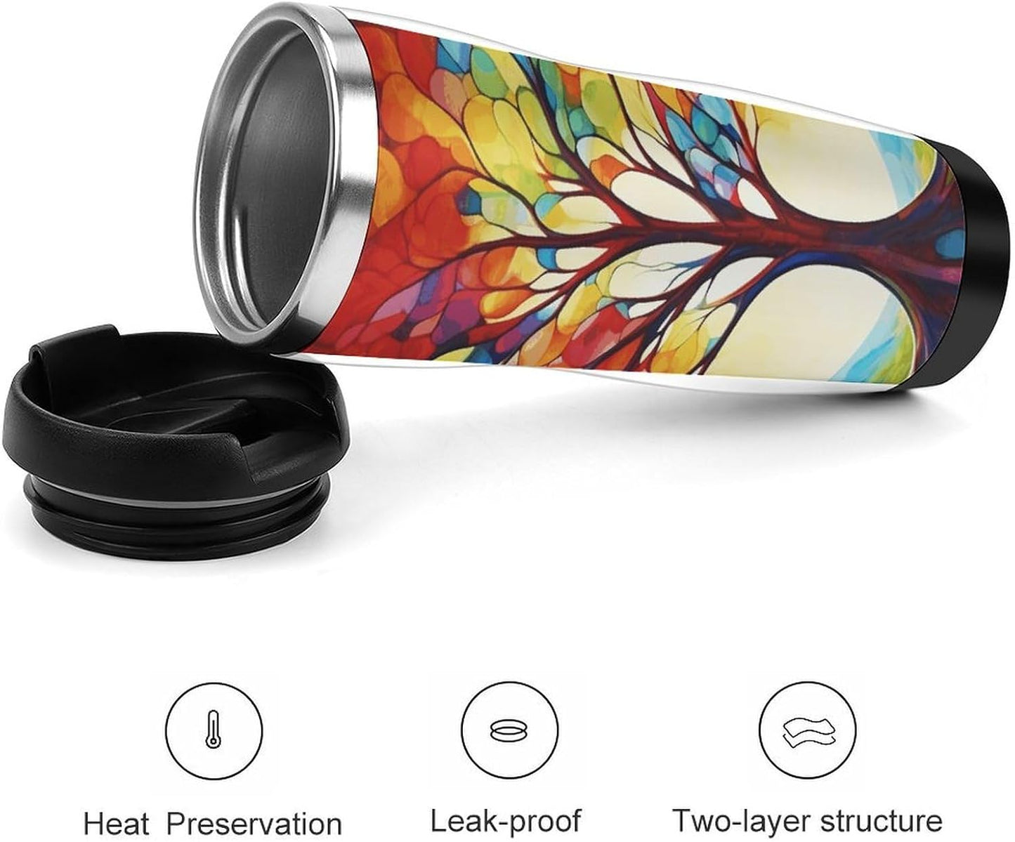 13oz Insulated Travel Coffee Mug Reusable Coffee Cup Water Bottle | Colorful Tree of Life Travel Mug with Leak Proof Lid Double Wall Stainless Steel Coffee Tumbler Personalized Gift