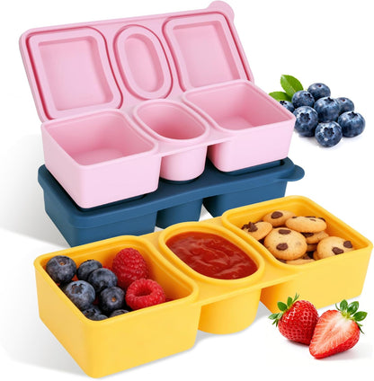3 Pack Silicone Snack Containers with Lids, 12oz Triple Compartment