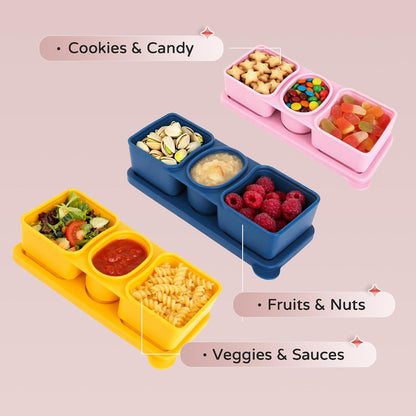 3 Pack Silicone Snack Containers with Lids, 12oz Triple Compartment