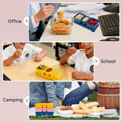 3 Pack Silicone Snack Containers with Lids, 12oz Triple Compartment