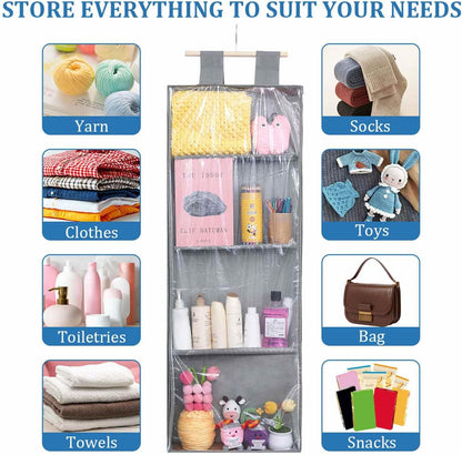 Clear Hanging Stuffed Animal Storage Zip Dust Proof Over The Door 4 Large Pockets Kids Toys Shoes for Bedroom Nursery (Grey)