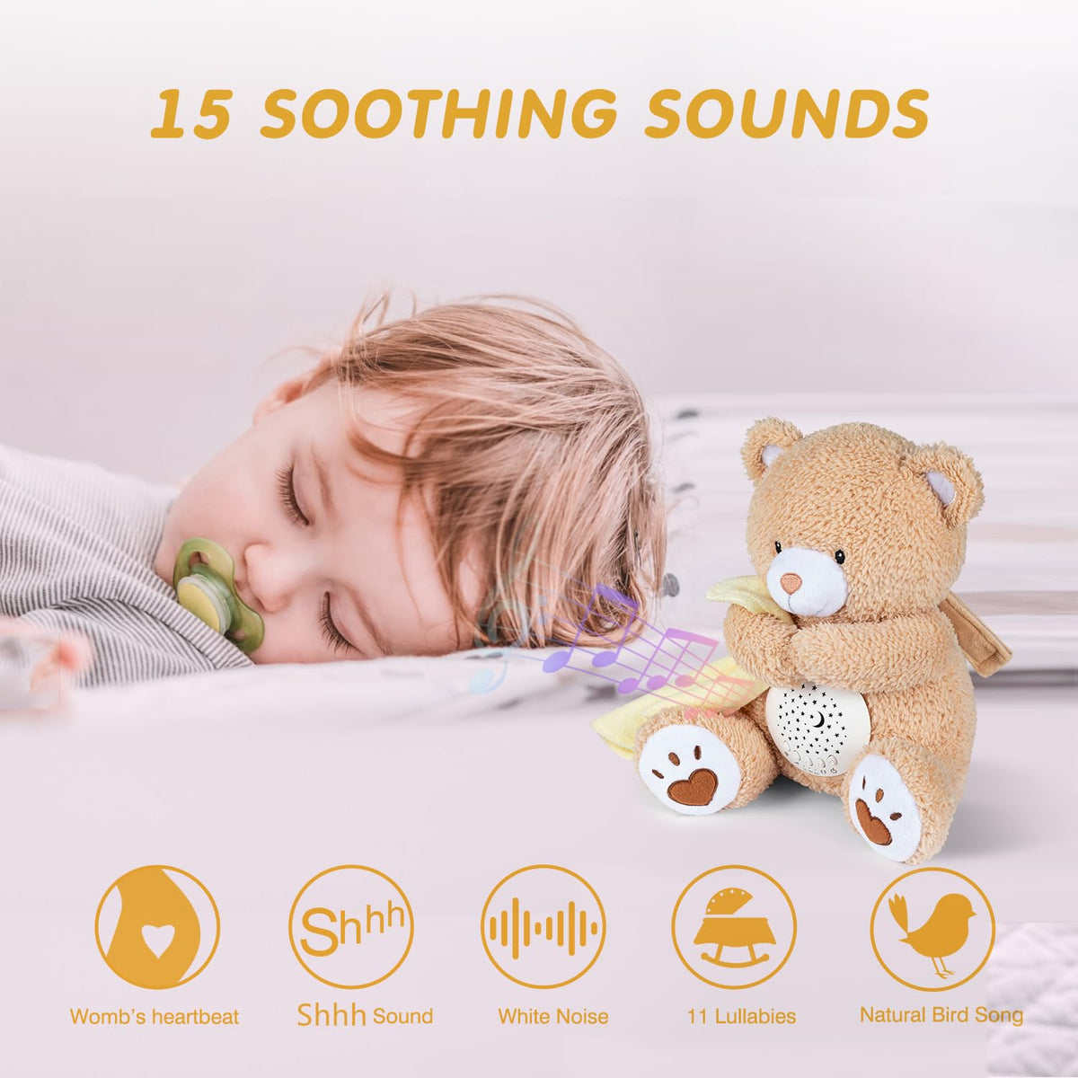 Baby Sleep Soother Bear, Mom's Heartbeat & Lullabies White Noise Machine, Nursery Decor Night Light Projector, Toddler Crib Sleeping Aid, Newborns Shower Gifts Portable Teddy
