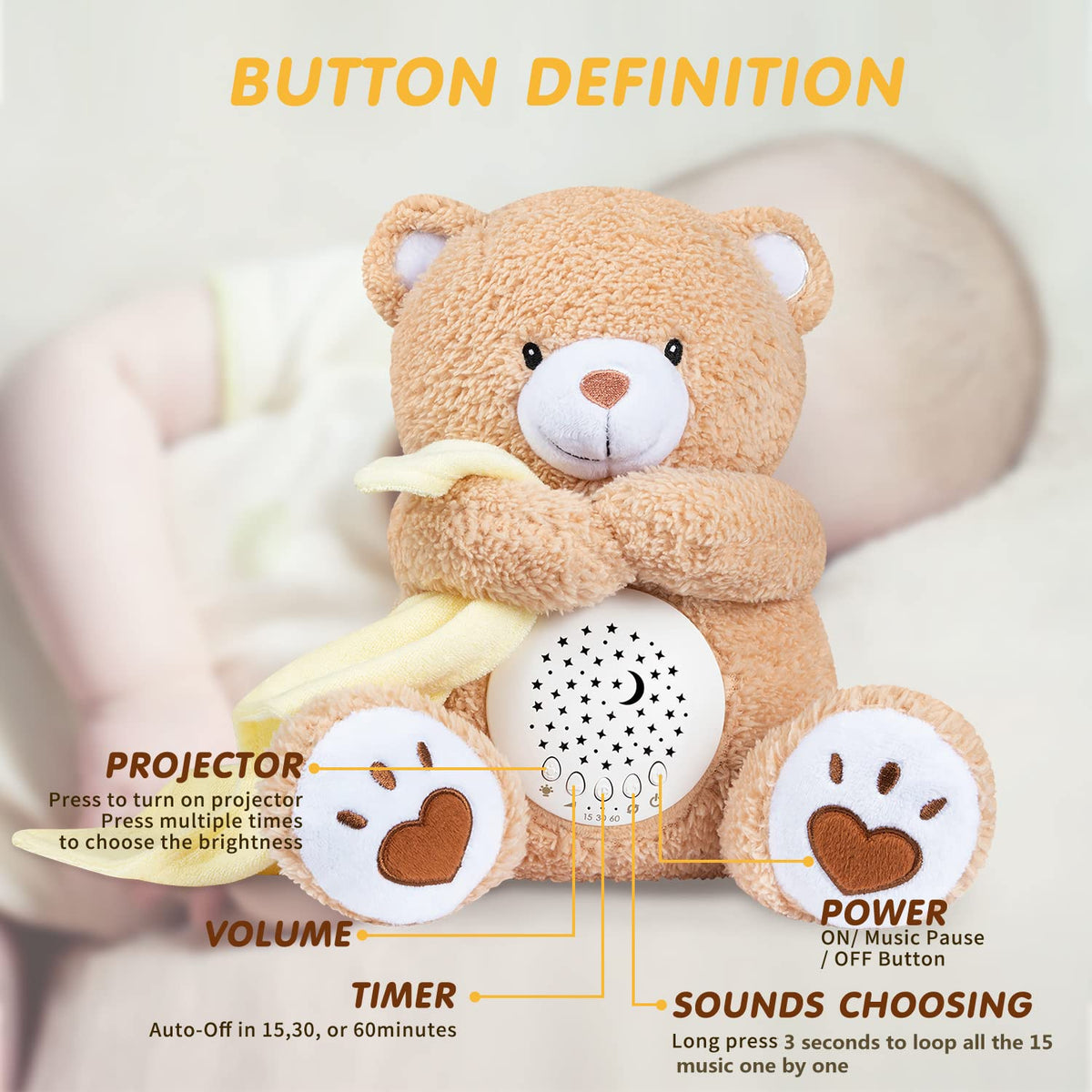 Baby Sleep Soother Bear, Mom's Heartbeat & Lullabies White Noise Machine, Nursery Decor Night Light Projector, Toddler Crib Sleeping Aid, Newborns Shower Gifts Portable Teddy