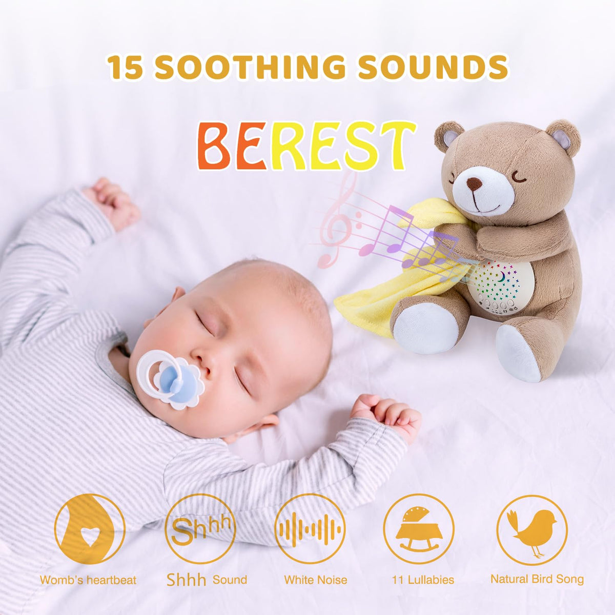 Baby Sleep Soother Bear, Mom's Heartbeat & Lullabies White Noise Machine, Nursery Decor Night Light Projector, Toddler Crib Sleeping Aid, Newborns Shower Gifts Portable Teddy