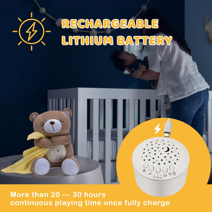 Baby Sleep Soother Bear, Mom's Heartbeat & Lullabies White Noise Machine, Nursery Decor Night Light Projector, Toddler Crib Sleeping Aid, Newborns Shower Gifts Portable Teddy