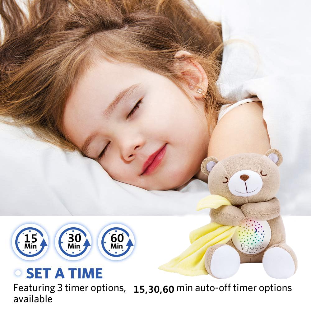 Baby Sleep Soother Bear, Mom's Heartbeat & Lullabies White Noise Machine, Nursery Decor Night Light Projector, Toddler Crib Sleeping Aid, Newborns Shower Gifts Portable Teddy