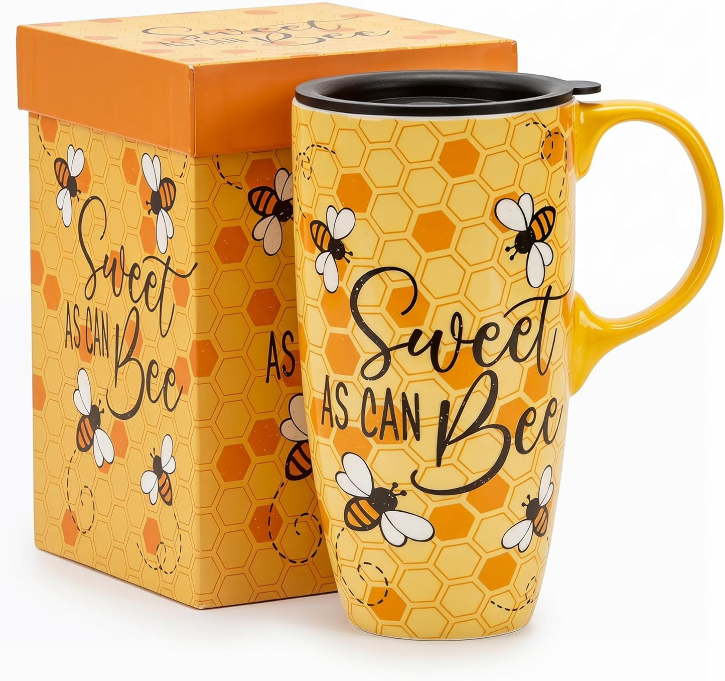 Porcelain Ceramic Travel Mug with Gift Box – 17oz Coffee Cup with Lid and Handle, Microwave & Dishwasher Safe, for Home Office Daily Commute，Sailboat