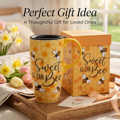 Porcelain Ceramic Travel Mug with Gift Box – 17oz Coffee Cup with Lid and Handle, Microwave & Dishwasher Safe, for Home Office Daily Commute，Sailboat