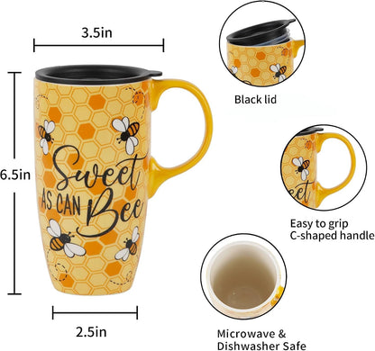 Porcelain Ceramic Travel Mug with Gift Box – 17oz Coffee Cup with Lid and Handle, Microwave & Dishwasher Safe, for Home Office Daily Commute，Sailboat