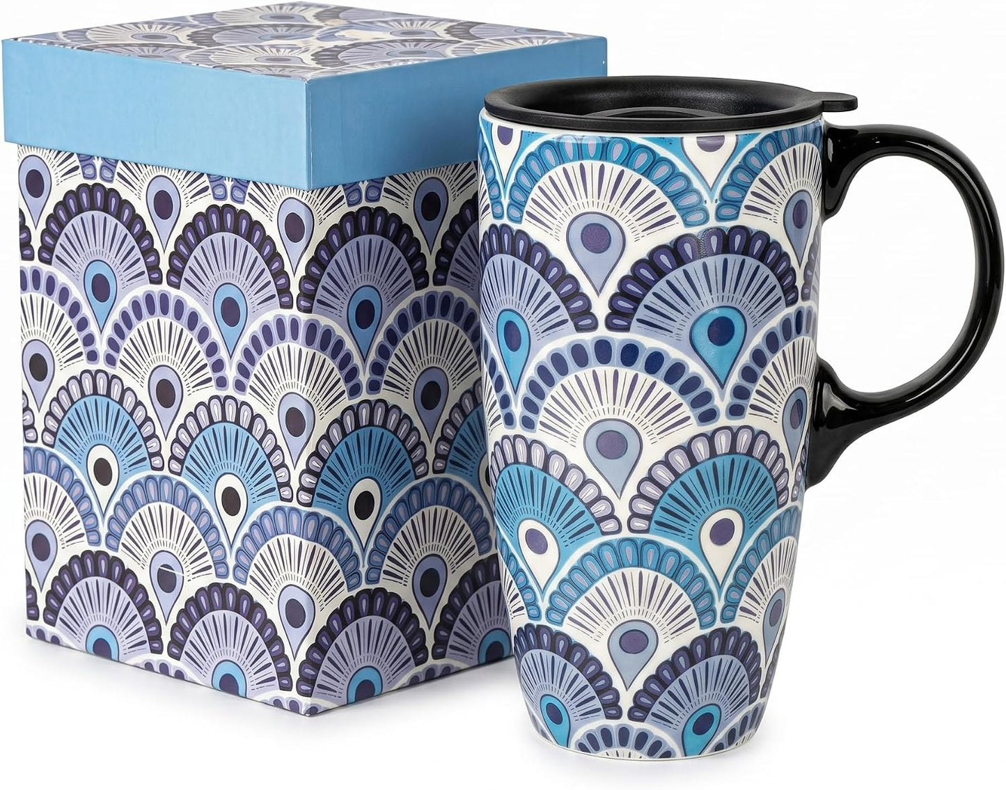 Porcelain Ceramic Travel Mug with Gift Box – 17oz Coffee Cup with Lid and Handle, Microwave & Dishwasher Safe, for Home Office Daily Commute，Sailboat
