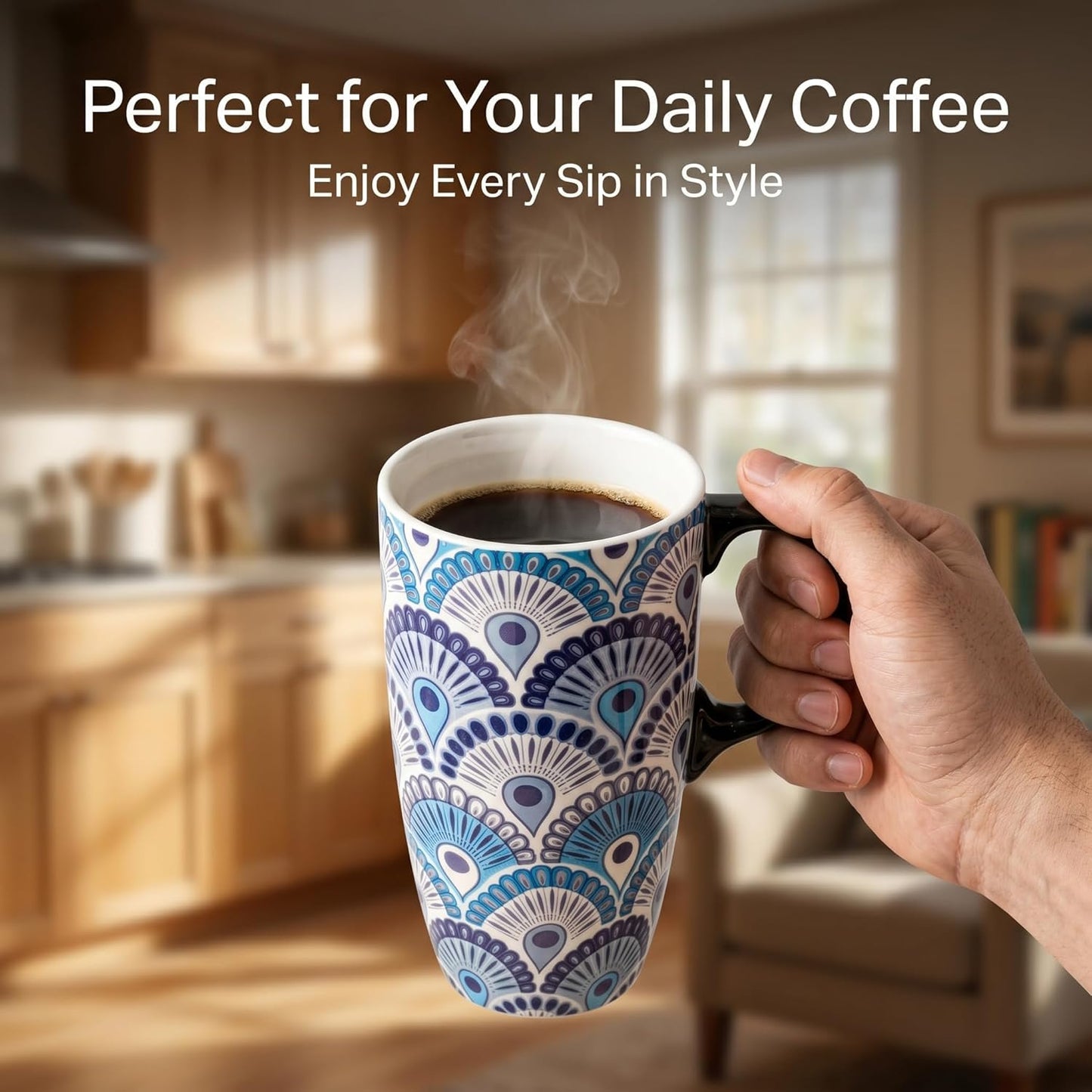 Porcelain Ceramic Travel Mug with Gift Box – 17oz Coffee Cup with Lid and Handle, Microwave & Dishwasher Safe, for Home Office Daily Commute，Sailboat
