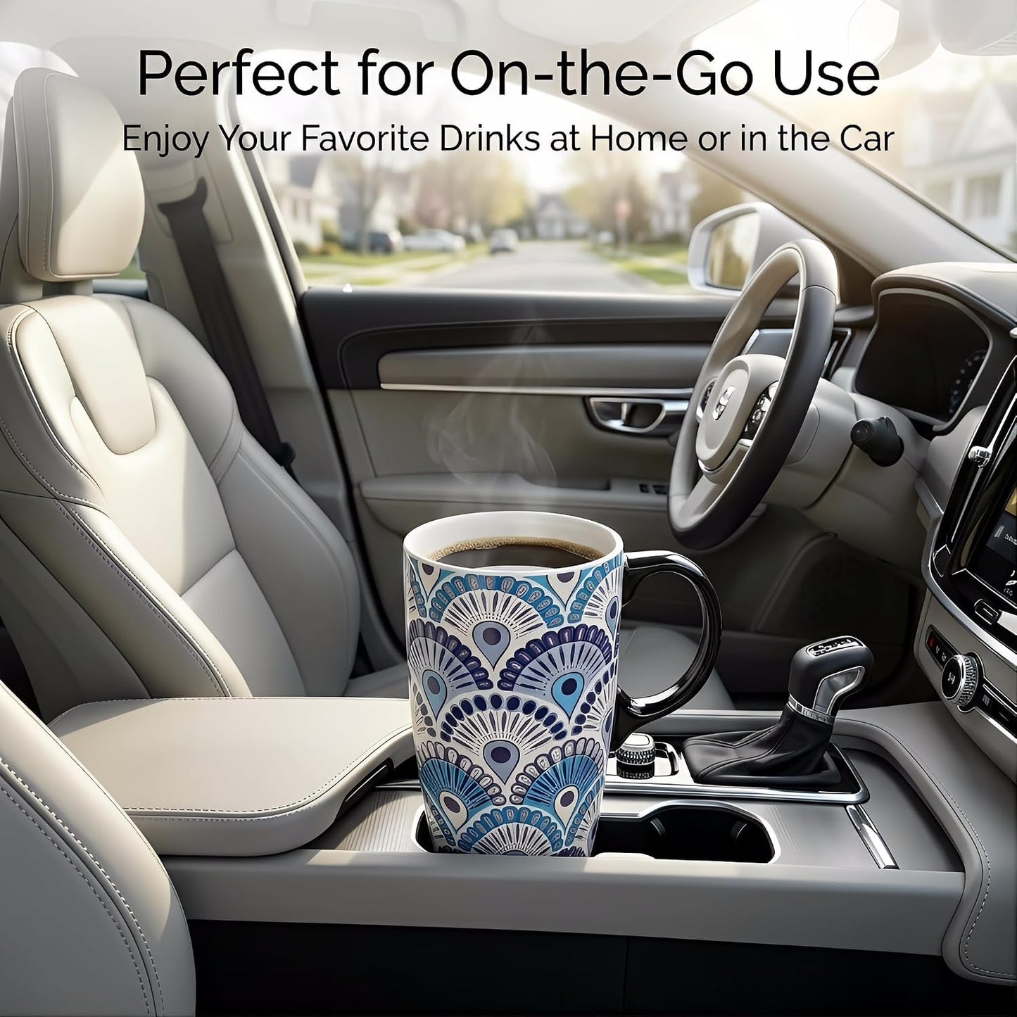 Porcelain Ceramic Travel Mug with Gift Box – 17oz Coffee Cup with Lid and Handle, Microwave & Dishwasher Safe, for Home Office Daily Commute，Sailboat