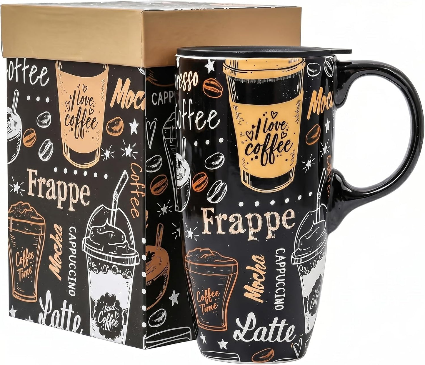 Porcelain Ceramic Travel Mug with Gift Box – 17oz Coffee Cup with Lid and Handle, Microwave & Dishwasher Safe, for Home Office Daily Commute，Sailboat