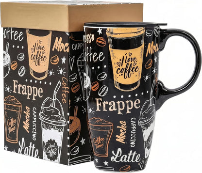 Porcelain Ceramic Travel Mug with Gift Box – 17oz Coffee Cup with Lid and Handle, Microwave & Dishwasher Safe, for Home Office Daily Commute，Sailboat