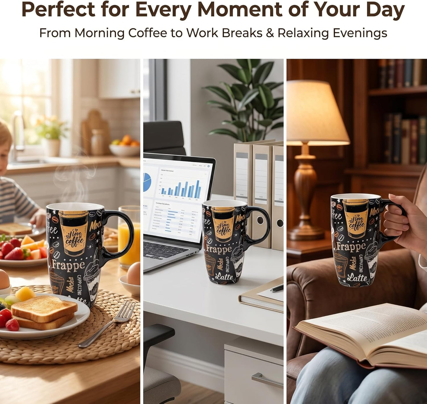 Porcelain Ceramic Travel Mug with Gift Box – 17oz Coffee Cup with Lid and Handle, Microwave & Dishwasher Safe, for Home Office Daily Commute，Sailboat