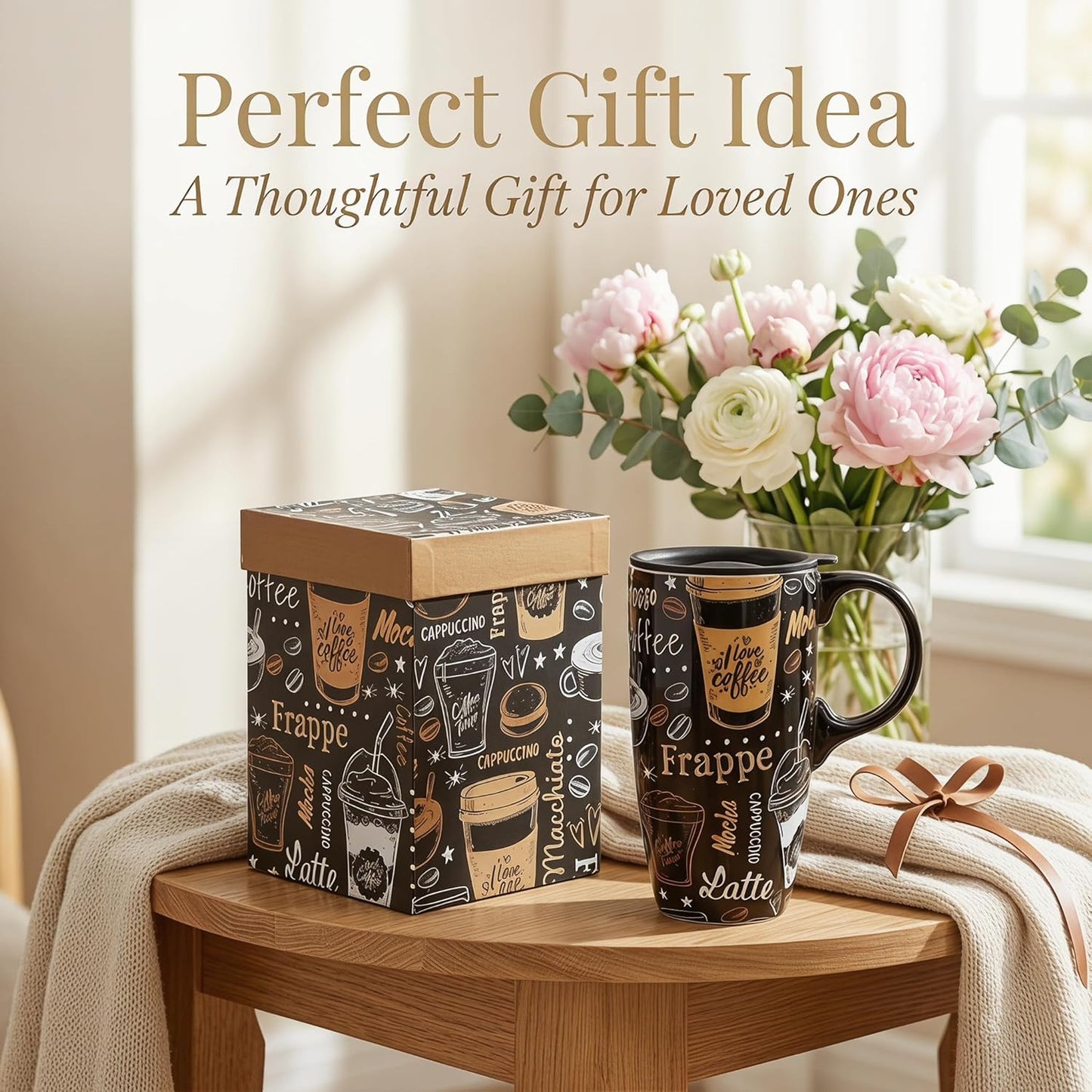 Porcelain Ceramic Travel Mug with Gift Box – 17oz Coffee Cup with Lid and Handle, Microwave & Dishwasher Safe, for Home Office Daily Commute，Sailboat