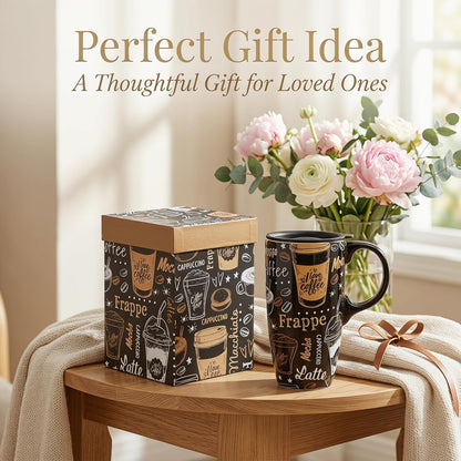 Porcelain Ceramic Travel Mug with Gift Box – 17oz Coffee Cup with Lid and Handle, Microwave & Dishwasher Safe, for Home Office Daily Commute，Sailboat
