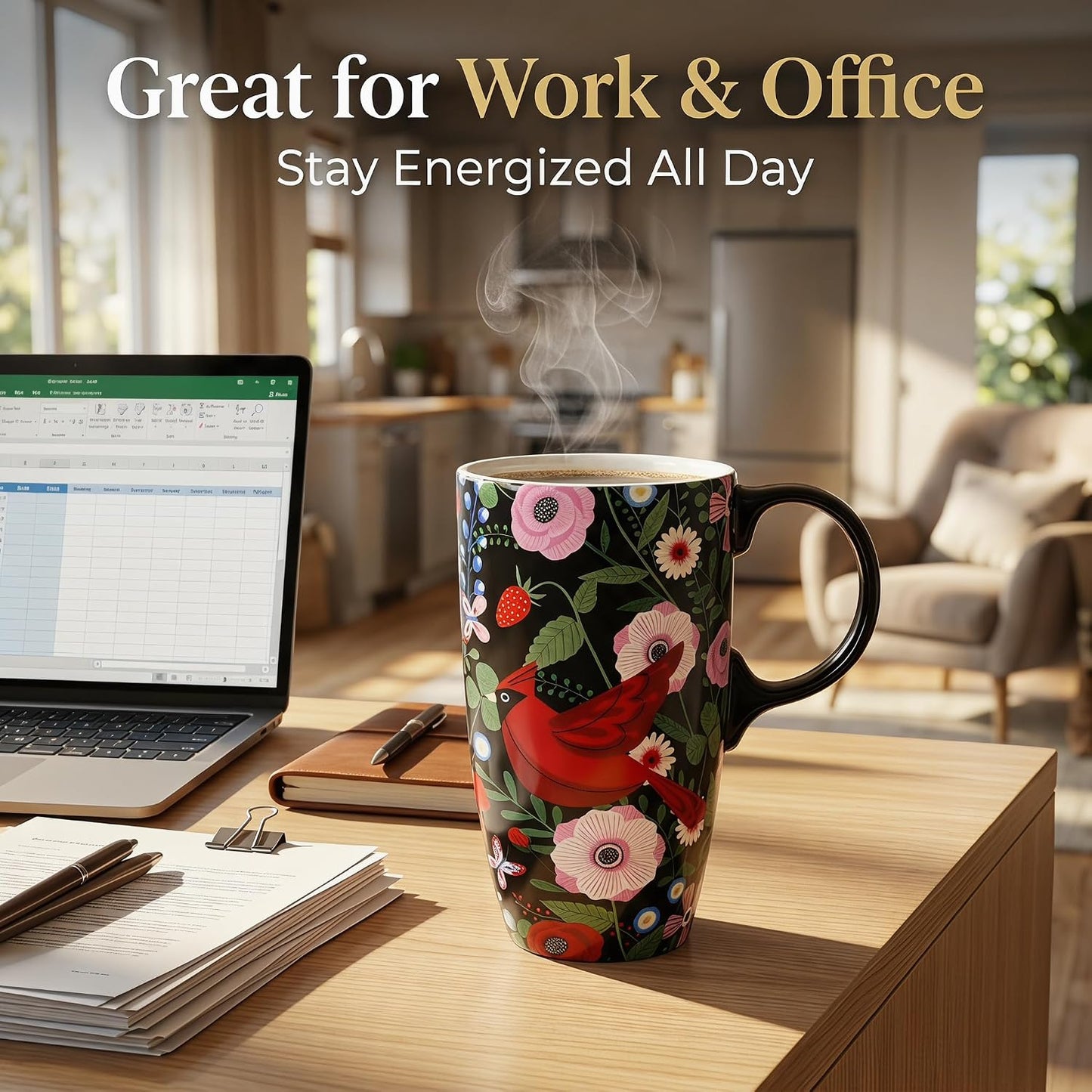 Porcelain Ceramic Travel Mug with Gift Box – 17oz Coffee Cup with Lid and Handle, Microwave & Dishwasher Safe, for Home Office Daily Commute，Sailboat