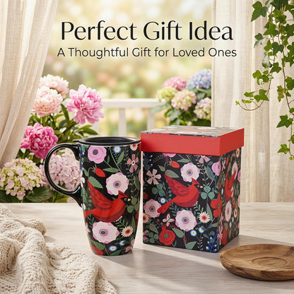 Porcelain Ceramic Travel Mug with Gift Box – 17oz Coffee Cup with Lid and Handle, Microwave & Dishwasher Safe, for Home Office Daily Commute，Sailboat