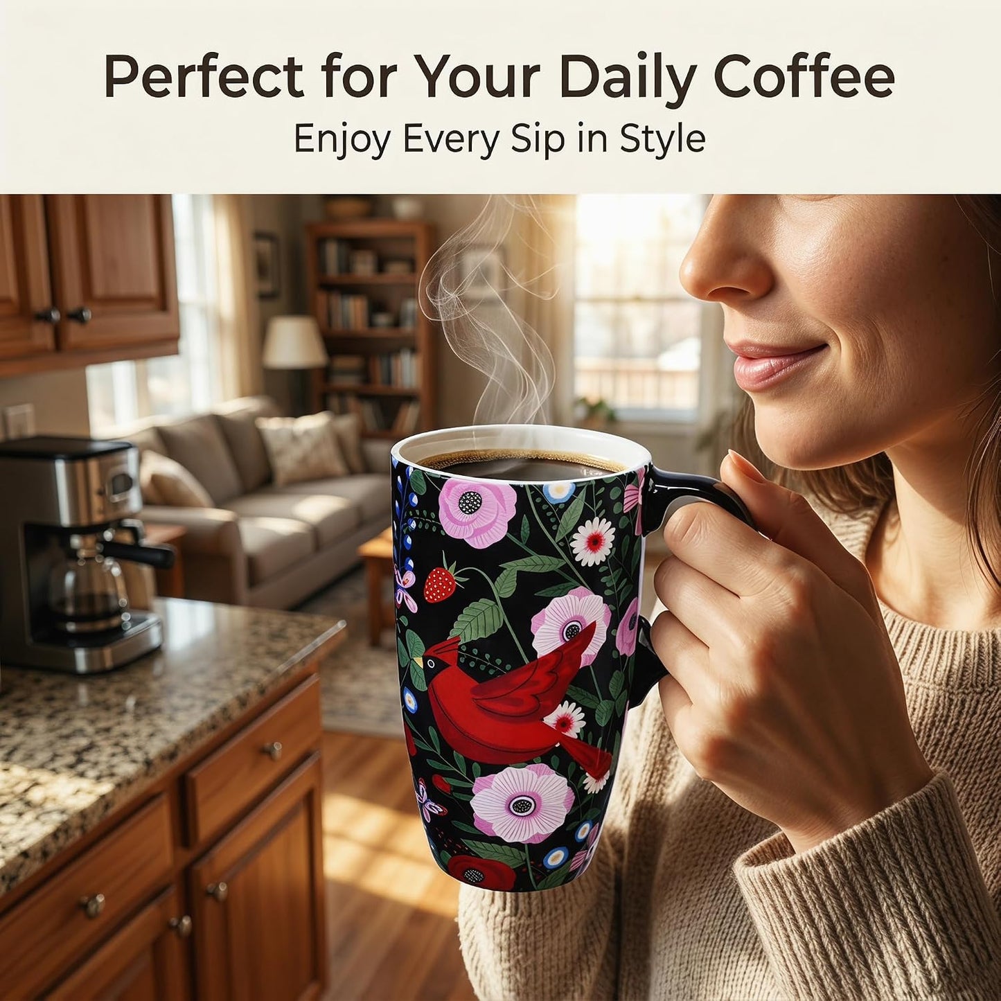 Porcelain Ceramic Travel Mug with Gift Box – 17oz Coffee Cup with Lid and Handle, Microwave & Dishwasher Safe, for Home Office Daily Commute，Sailboat