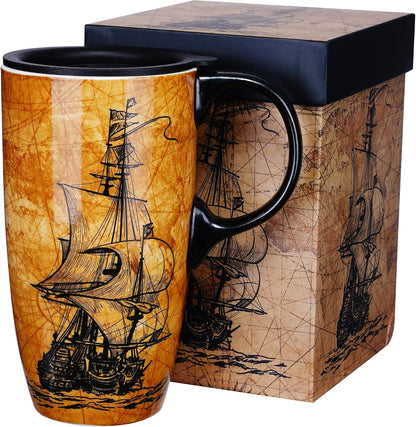 Porcelain Ceramic Travel Mug with Gift Box – 17oz Coffee Cup with Lid and Handle, Microwave & Dishwasher Safe, for Home Office Daily Commute，Sailboat