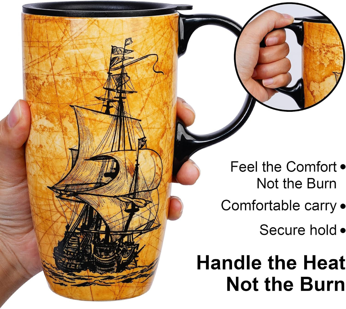Porcelain Ceramic Travel Mug with Gift Box – 17oz Coffee Cup with Lid and Handle, Microwave & Dishwasher Safe, for Home Office Daily Commute，Sailboat