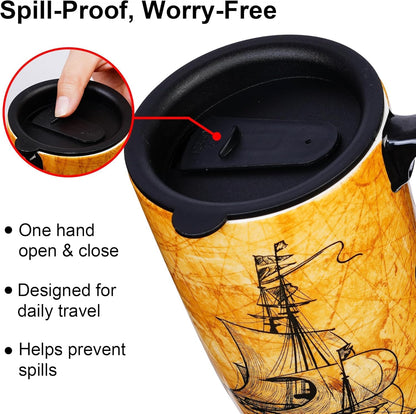 Porcelain Ceramic Travel Mug with Gift Box – 17oz Coffee Cup with Lid and Handle, Microwave & Dishwasher Safe, for Home Office Daily Commute，Sailboat