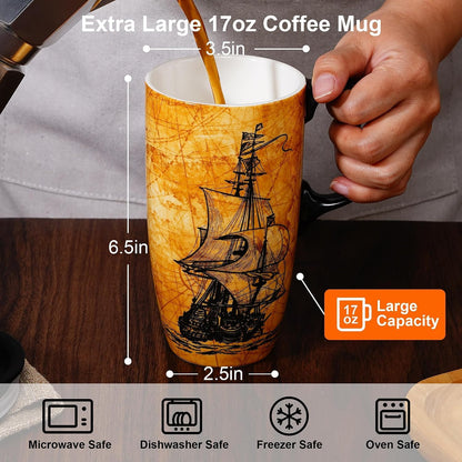 Porcelain Ceramic Travel Mug with Gift Box – 17oz Coffee Cup with Lid and Handle, Microwave & Dishwasher Safe, for Home Office Daily Commute，Sailboat