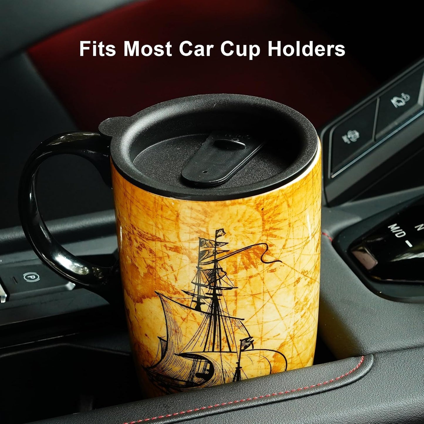 Porcelain Ceramic Travel Mug with Gift Box – 17oz Coffee Cup with Lid and Handle, Microwave & Dishwasher Safe, for Home Office Daily Commute，Sailboat