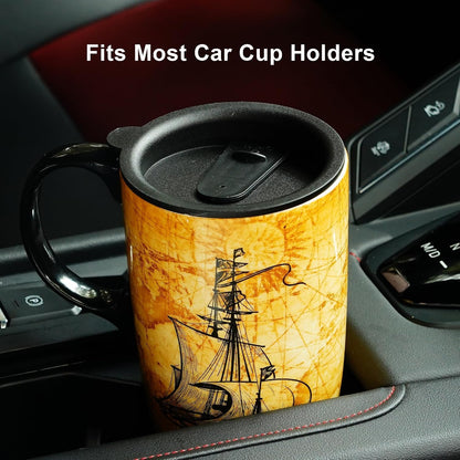 Porcelain Ceramic Travel Mug with Gift Box – 17oz Coffee Cup with Lid and Handle, Microwave & Dishwasher Safe, for Home Office Daily Commute，Sailboat