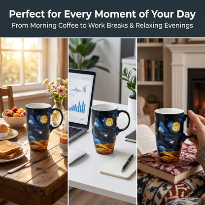 Porcelain Ceramic Travel Mug with Gift Box – 17oz Coffee Cup with Lid and Handle, Microwave & Dishwasher Safe, for Home Office Daily Commute，Sailboat