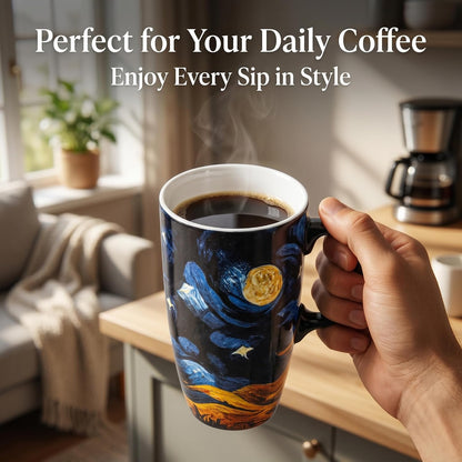 Porcelain Ceramic Travel Mug with Gift Box – 17oz Coffee Cup with Lid and Handle, Microwave & Dishwasher Safe, for Home Office Daily Commute，Sailboat