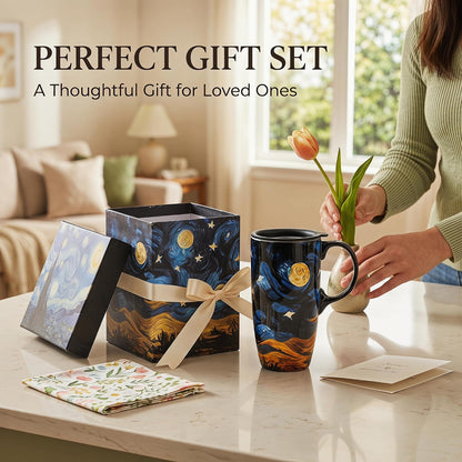 Porcelain Ceramic Travel Mug with Gift Box – 17oz Coffee Cup with Lid and Handle, Microwave & Dishwasher Safe, for Home Office Daily Commute，Sailboat