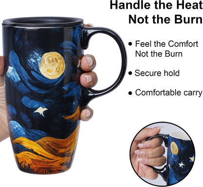 Porcelain Ceramic Travel Mug with Gift Box – 17oz Coffee Cup with Lid and Handle, Microwave & Dishwasher Safe, for Home Office Daily Commute，Sailboat