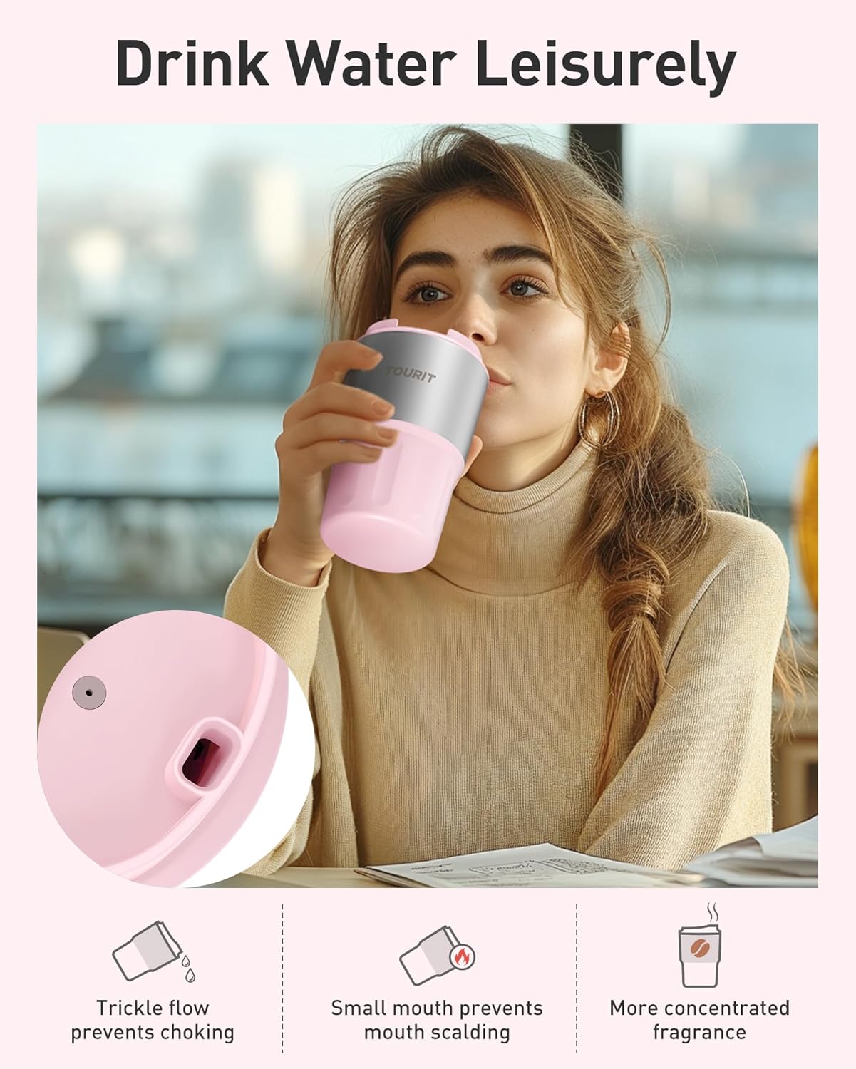 16 oz Travel Coffee Mug Spill-Proof, Insulated Stainless Steel Coffee Mug with Lid & Silicone Sea, Double Wall Vacuum Travel Coffee Tumblers, Cup Holder Friendly Reusable Thermos-Pink