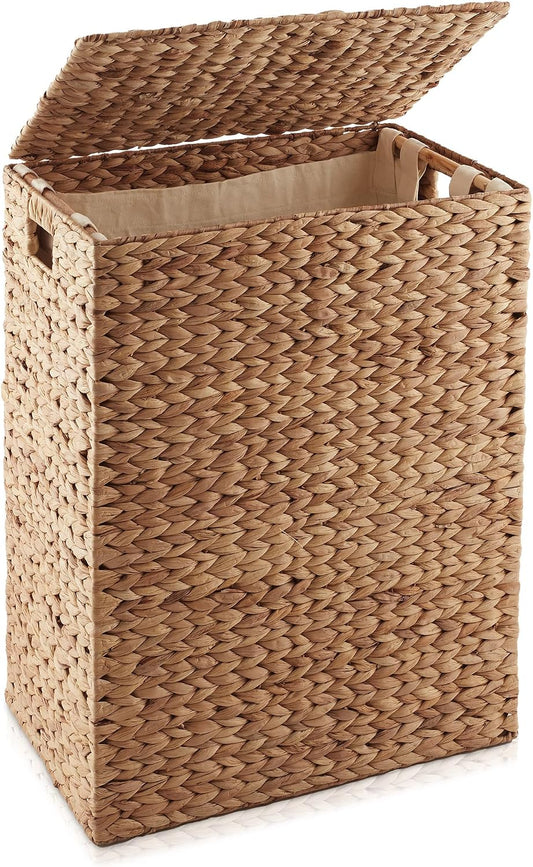 Large Laundry Hamper with Lid and Removable Liner Bag - Espresso Dark Brown, Woven Water Hyacinth Rectangular Laundry Basket Clothes Sorter