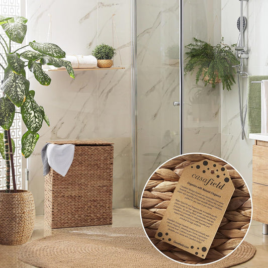 Large Laundry Hamper with Lid and Removable Liner Bag - Espresso Dark Brown, Woven Water Hyacinth Rectangular Laundry Basket Clothes Sorter
