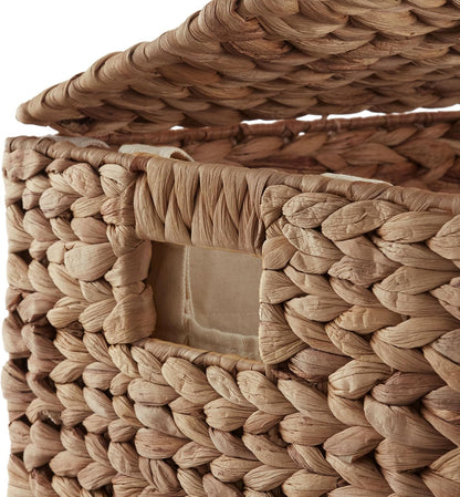 Large Laundry Hamper with Lid and Removable Liner Bag - Espresso Dark Brown, Woven Water Hyacinth Rectangular Laundry Basket Clothes Sorter