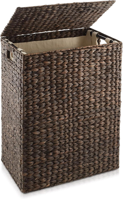 Large Laundry Hamper with Lid and Removable Liner Bag - Espresso Dark Brown, Woven Water Hyacinth Rectangular Laundry Basket Clothes Sorter