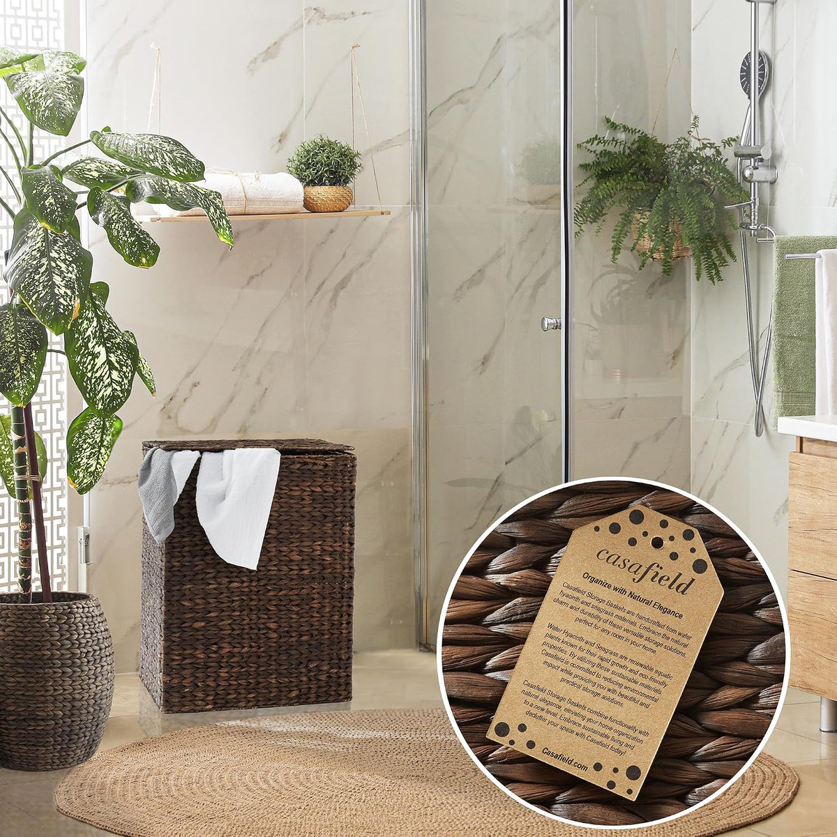 Large Laundry Hamper with Lid and Removable Liner Bag - Espresso Dark Brown, Woven Water Hyacinth Rectangular Laundry Basket Clothes Sorter