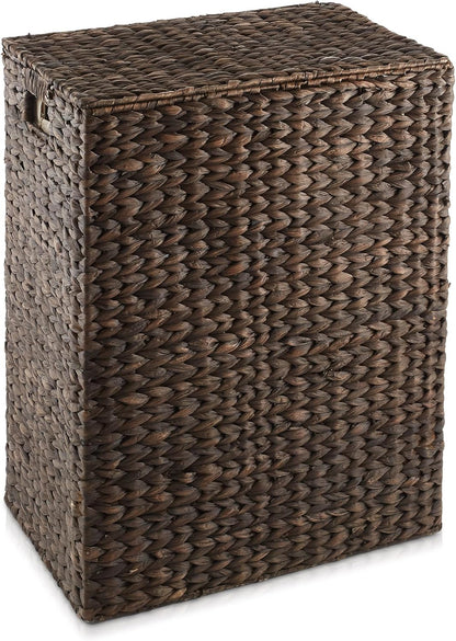 Large Laundry Hamper with Lid and Removable Liner Bag - Espresso Dark Brown, Woven Water Hyacinth Rectangular Laundry Basket Clothes Sorter