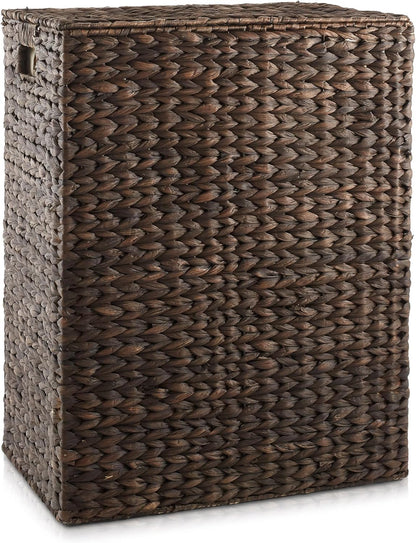 Large Laundry Hamper with Lid and Removable Liner Bag - Espresso Dark Brown, Woven Water Hyacinth Rectangular Laundry Basket Clothes Sorter