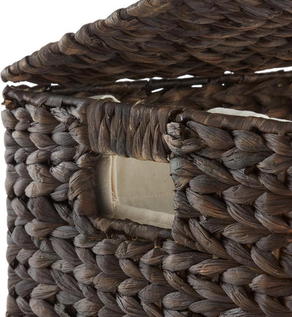 Large Laundry Hamper with Lid and Removable Liner Bag - Espresso Dark Brown, Woven Water Hyacinth Rectangular Laundry Basket Clothes Sorter