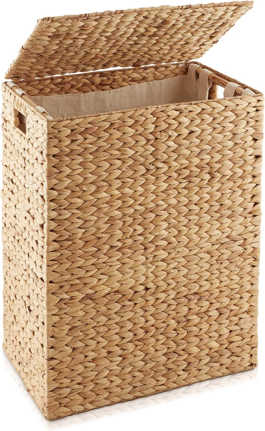 Large Laundry Hamper with Lid and Removable Liner Bag - Espresso Dark Brown, Woven Water Hyacinth Rectangular Laundry Basket Clothes Sorter