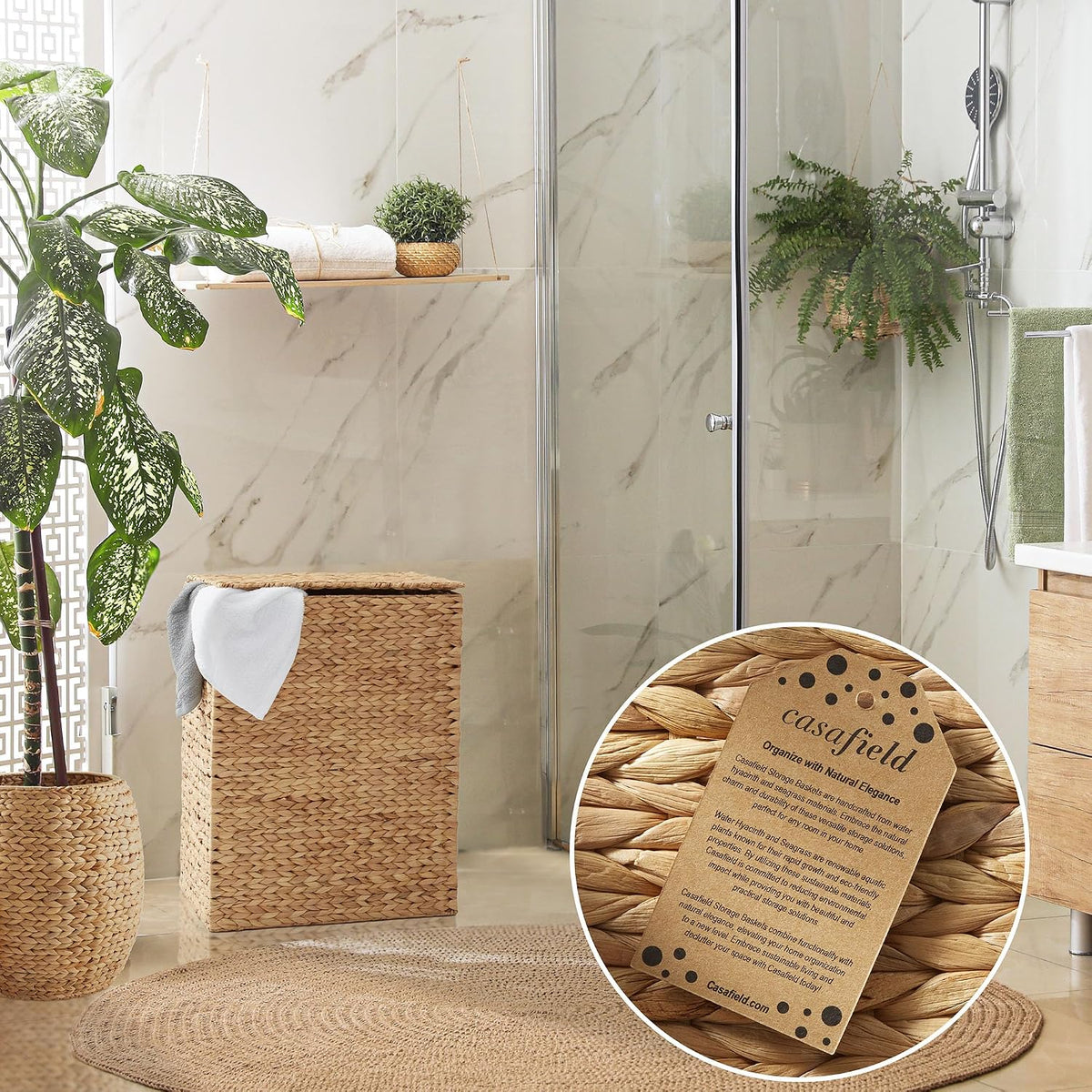 Large Laundry Hamper with Lid and Removable Liner Bag - Espresso Dark Brown, Woven Water Hyacinth Rectangular Laundry Basket Clothes Sorter