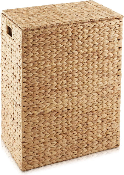 Large Laundry Hamper with Lid and Removable Liner Bag - Espresso Dark Brown, Woven Water Hyacinth Rectangular Laundry Basket Clothes Sorter