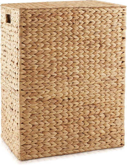 Large Laundry Hamper with Lid and Removable Liner Bag - Espresso Dark Brown, Woven Water Hyacinth Rectangular Laundry Basket Clothes Sorter