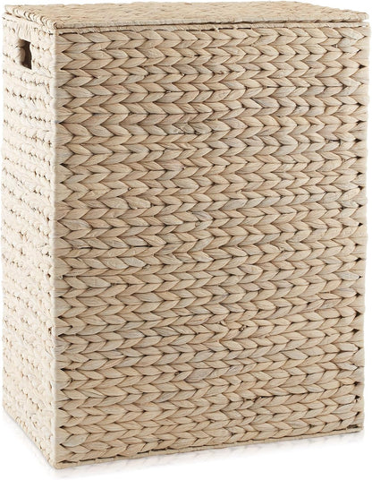 Large Laundry Hamper with Lid and Removable Liner Bag - Espresso Dark Brown, Woven Water Hyacinth Rectangular Laundry Basket Clothes Sorter