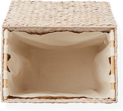 Large Laundry Hamper with Lid and Removable Liner Bag - Espresso Dark Brown, Woven Water Hyacinth Rectangular Laundry Basket Clothes Sorter