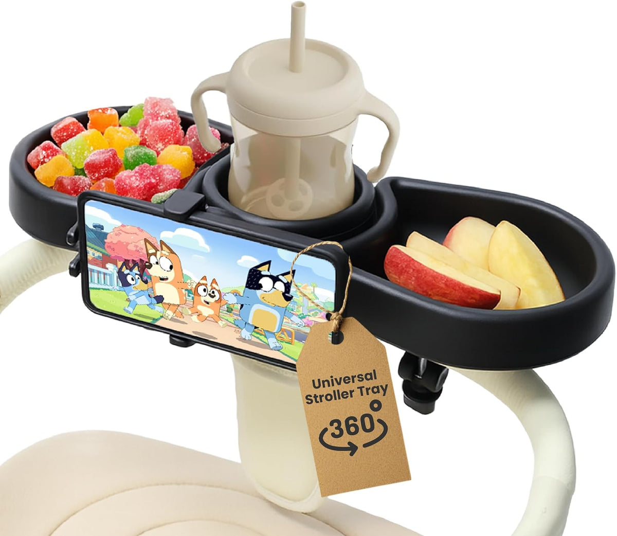 Stroller Tray with Cup Holder & Phone Mount, 360° Rotation